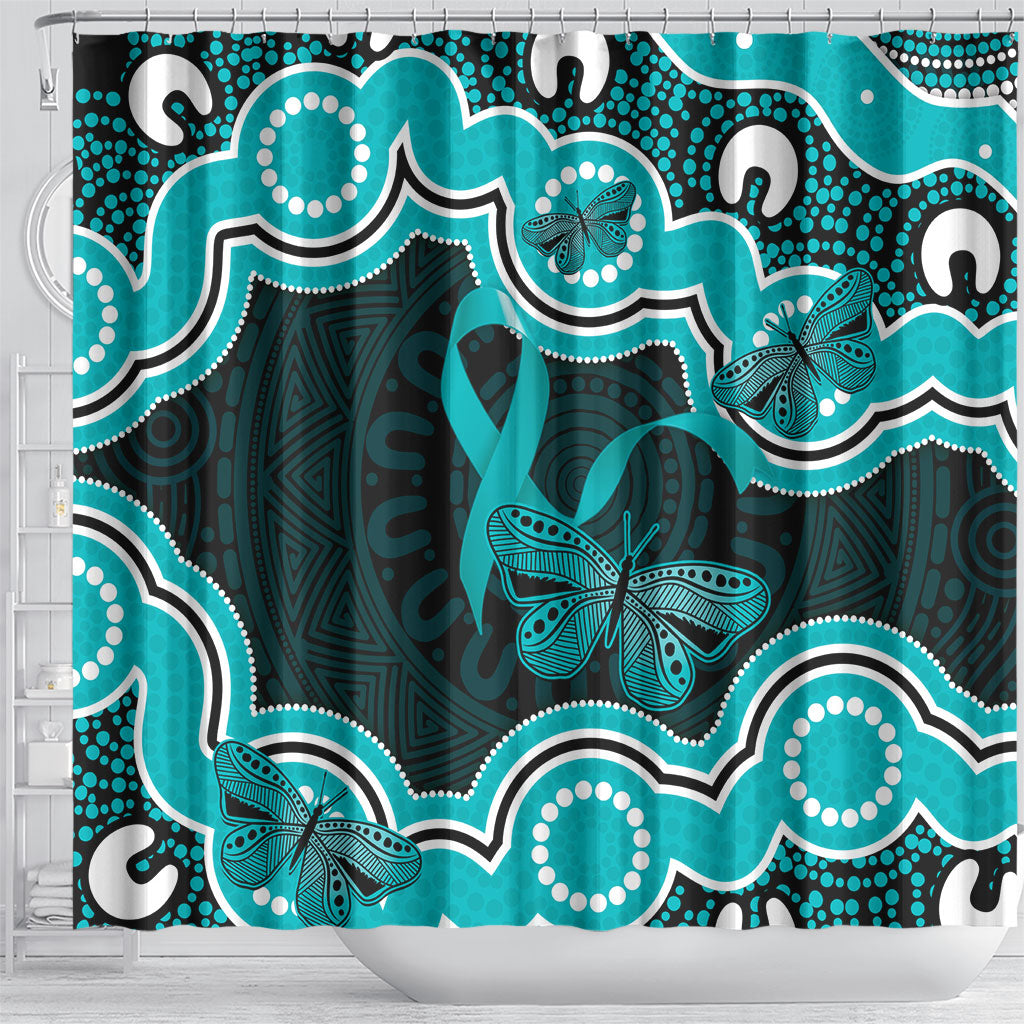 Cyan Ribbon PTSD Support Shower Curtain Aboriginal Art