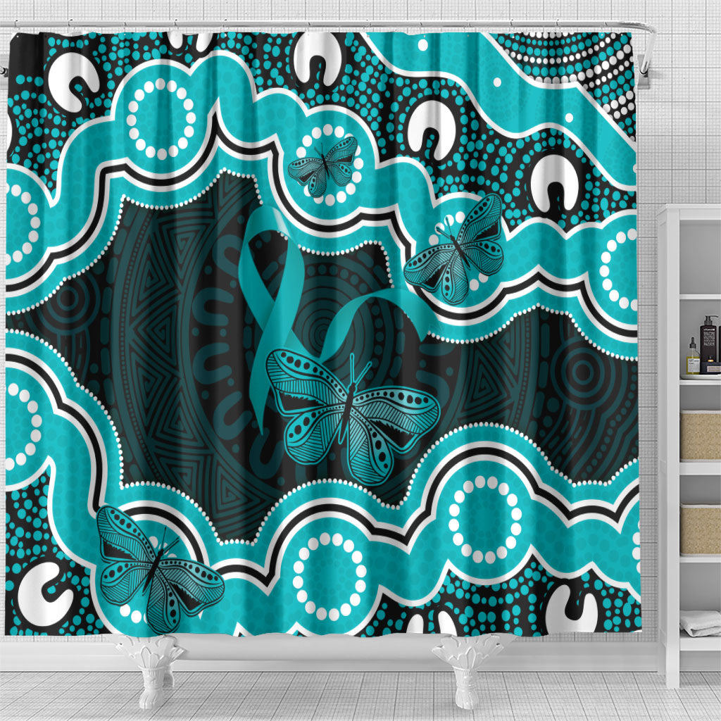 Cyan Ribbon PTSD Support Shower Curtain Aboriginal Art