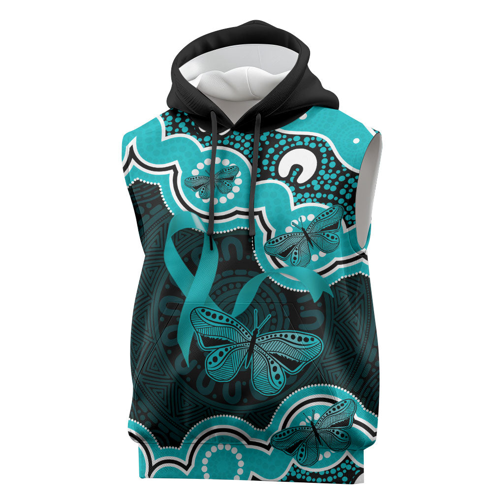 Cyan Ribbon PTSD Support Sleeveless Hoodie Aboriginal Art