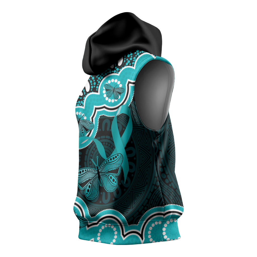 Cyan Ribbon PTSD Support Sleeveless Hoodie Aboriginal Art