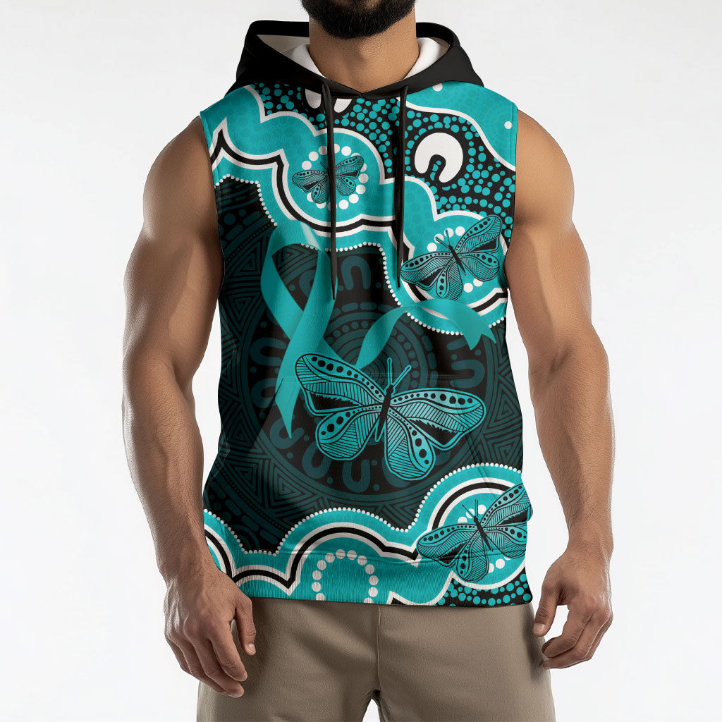 Cyan Ribbon PTSD Support Sleeveless Hoodie Aboriginal Art