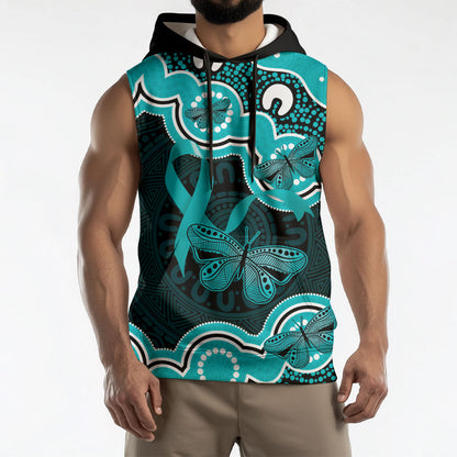 Cyan Ribbon PTSD Support Sleeveless Hoodie Aboriginal Art