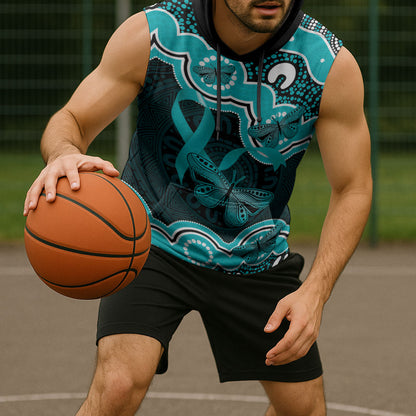 Cyan Ribbon PTSD Support Sleeveless Hoodie Aboriginal Art