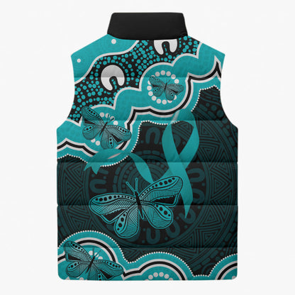 Cyan Ribbon PTSD Support Sleeveless Puffer Jacket Aboriginal Art