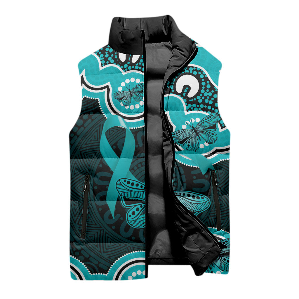 Cyan Ribbon PTSD Support Sleeveless Puffer Jacket Aboriginal Art