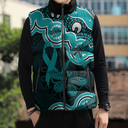 Cyan Ribbon PTSD Support Sleeveless Puffer Jacket Aboriginal Art