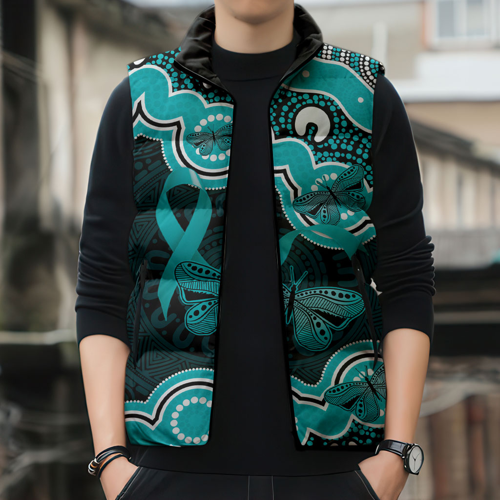 Cyan Ribbon PTSD Support Sleeveless Puffer Jacket Aboriginal Art