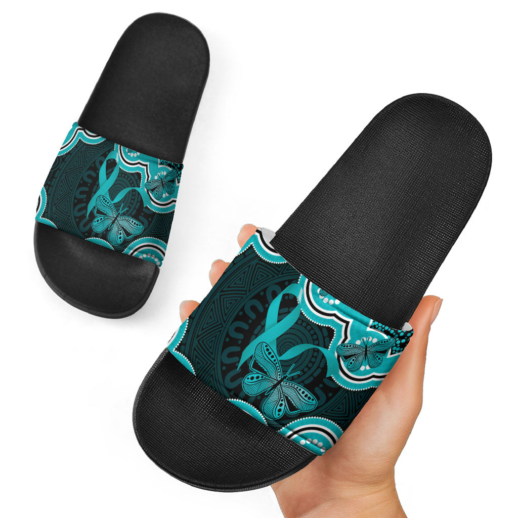 Cyan Ribbon PTSD Support Slide Sandals Aboriginal Art