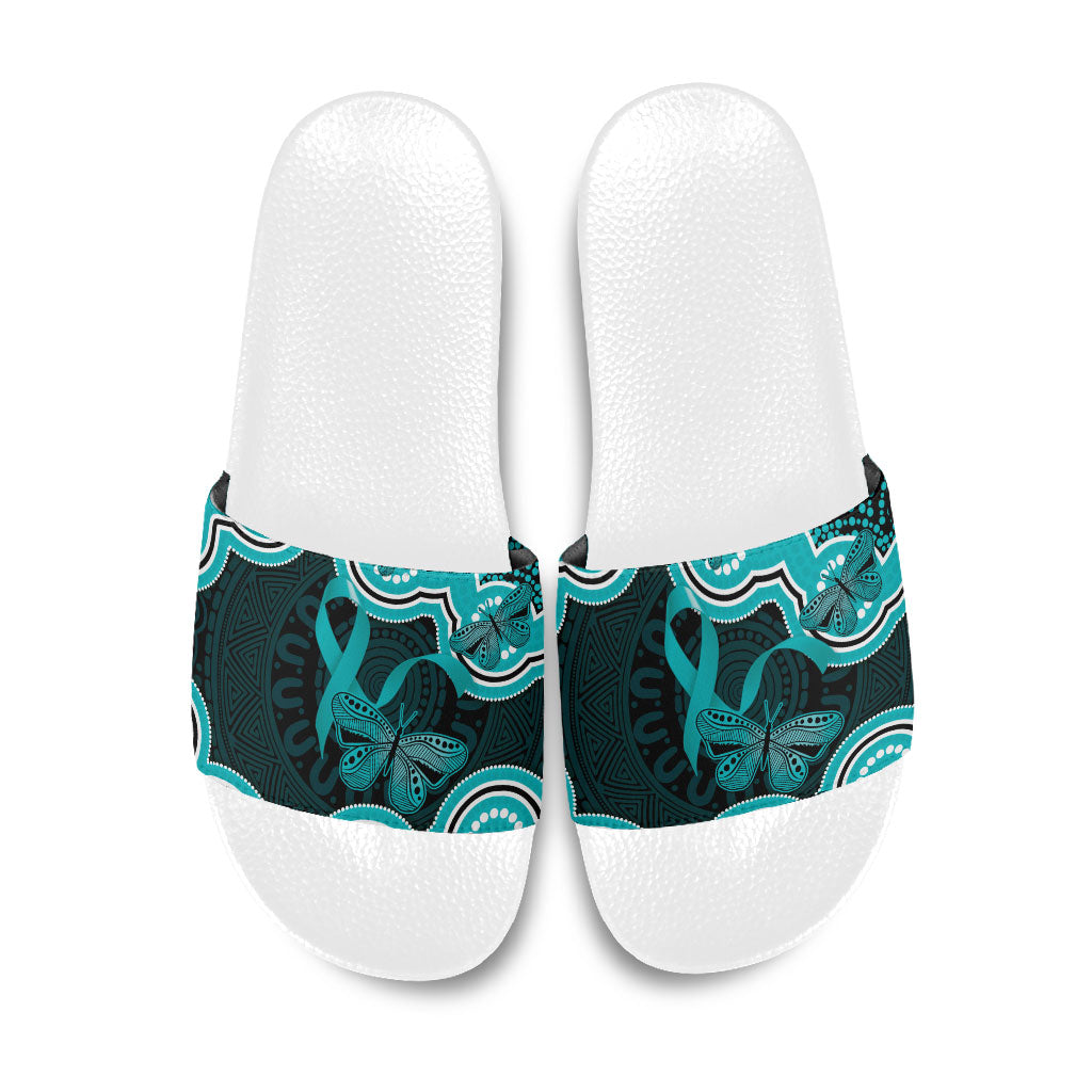 Cyan Ribbon PTSD Support Slide Sandals Aboriginal Art