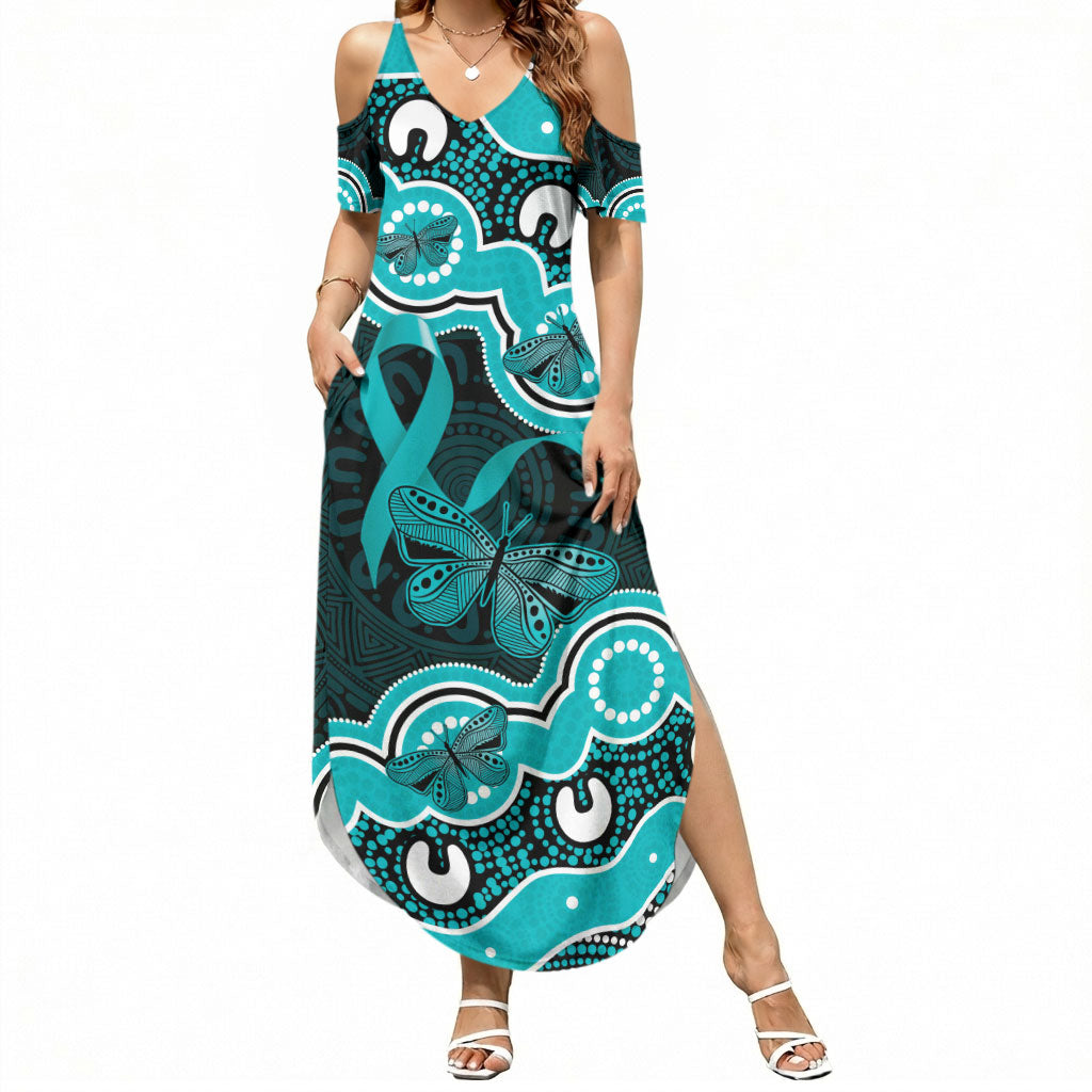 Cyan Ribbon PTSD Support Summer Maxi Dress Aboriginal Art