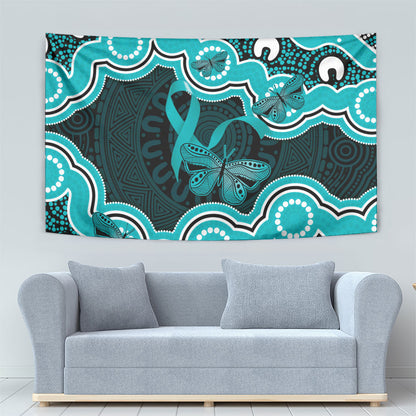Cyan Ribbon PTSD Support Tapestry Aboriginal Art