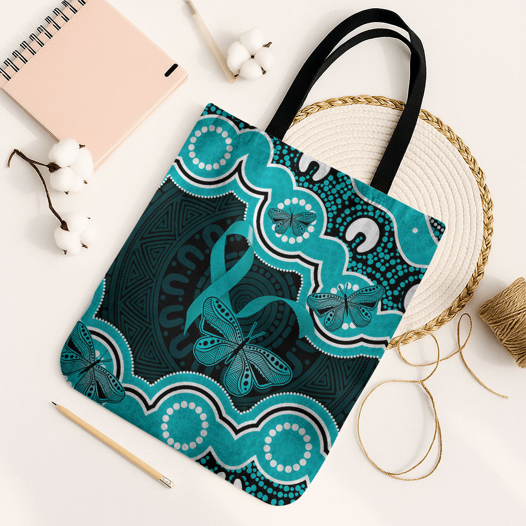 Cyan Ribbon PTSD Support Tote Bag Aboriginal Art