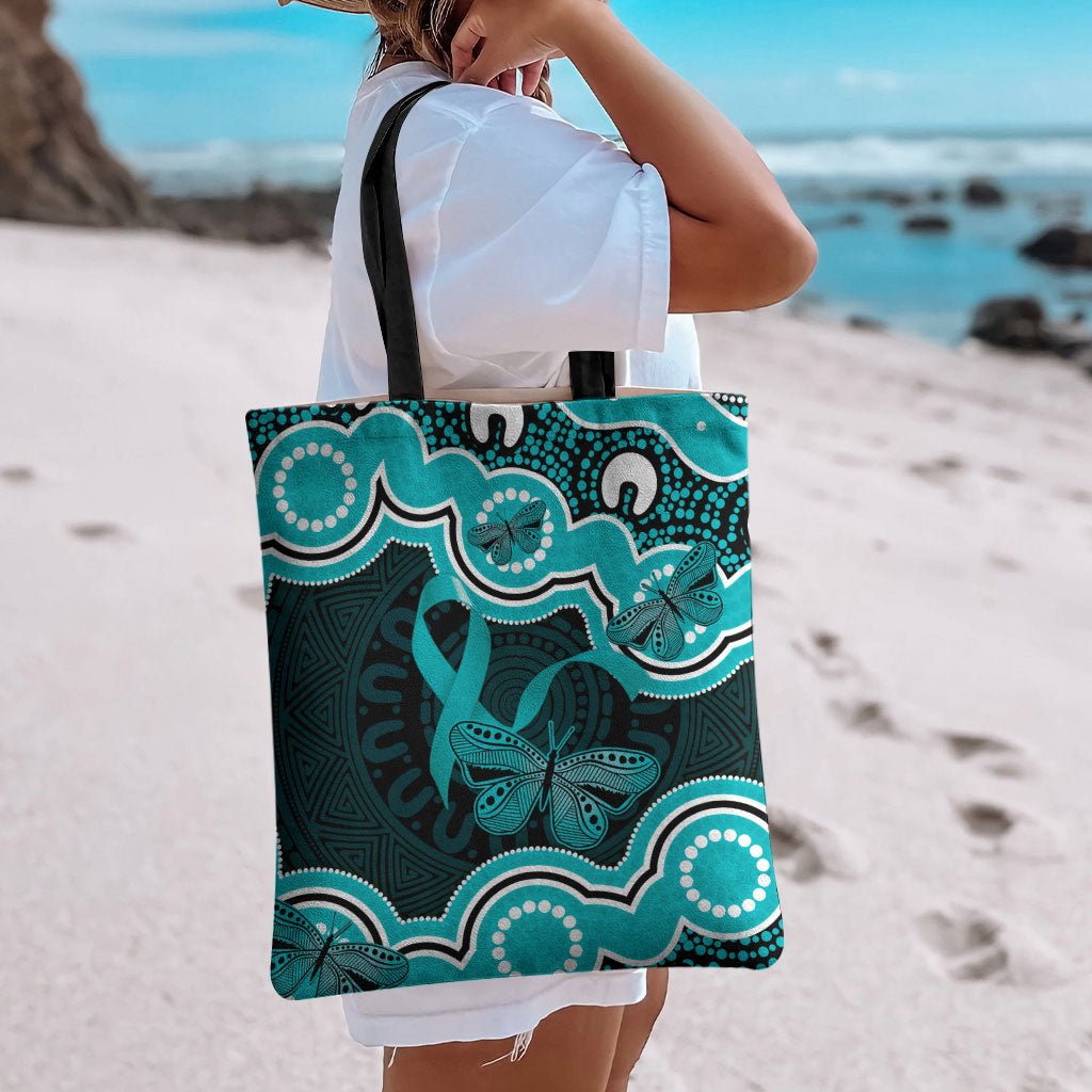 Cyan Ribbon PTSD Support Tote Bag Aboriginal Art