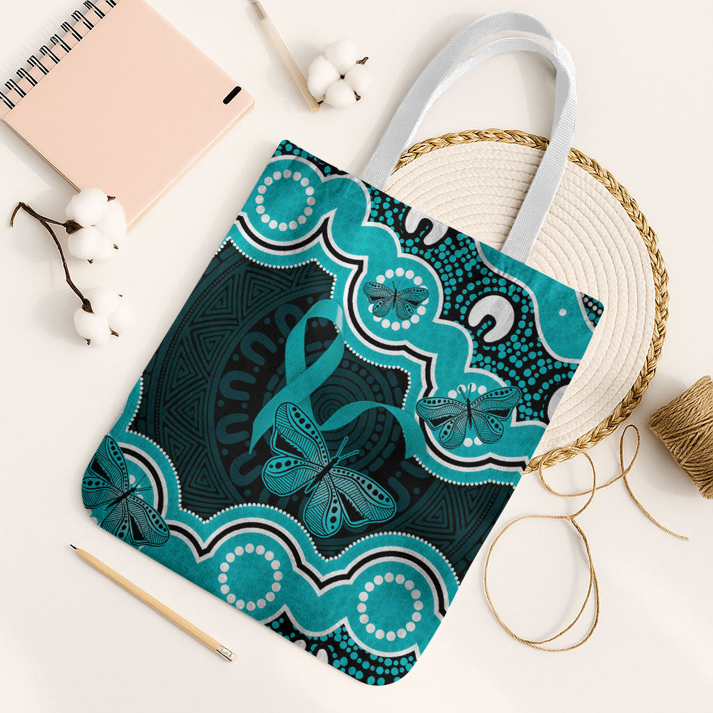 Cyan Ribbon PTSD Support Tote Bag Aboriginal Art
