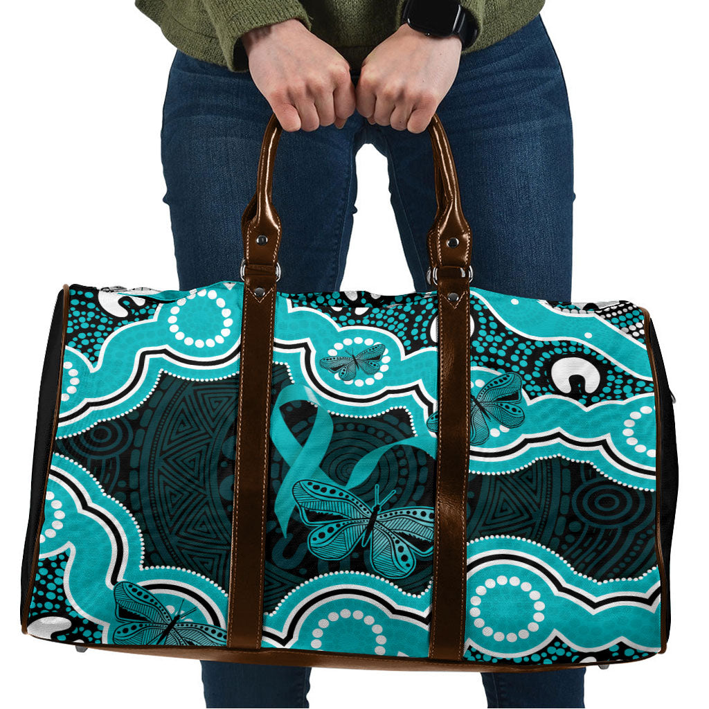 Cyan Ribbon PTSD Support Travel Bag Aboriginal Art