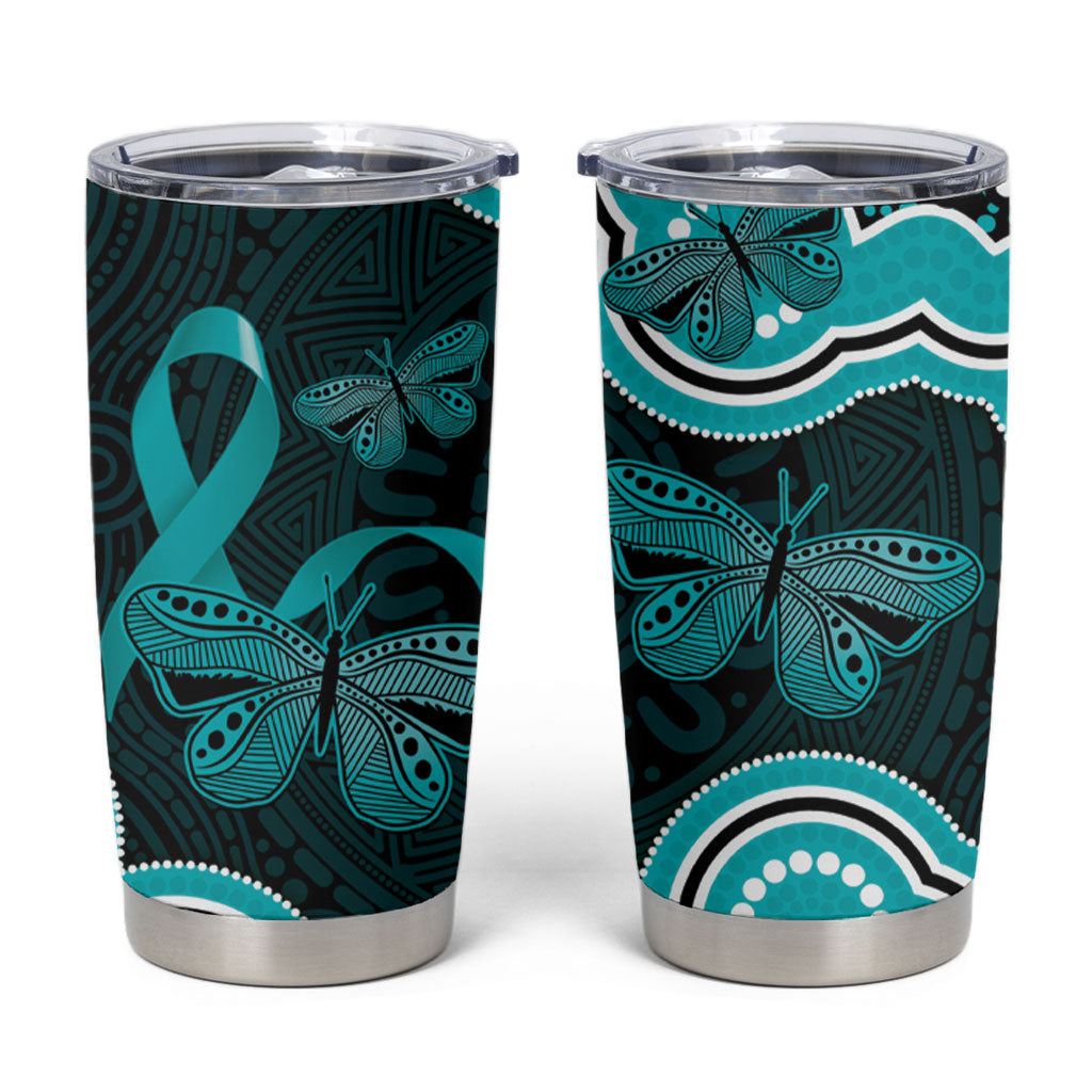 Cyan Ribbon PTSD Support Tumbler Cup Aboriginal Art