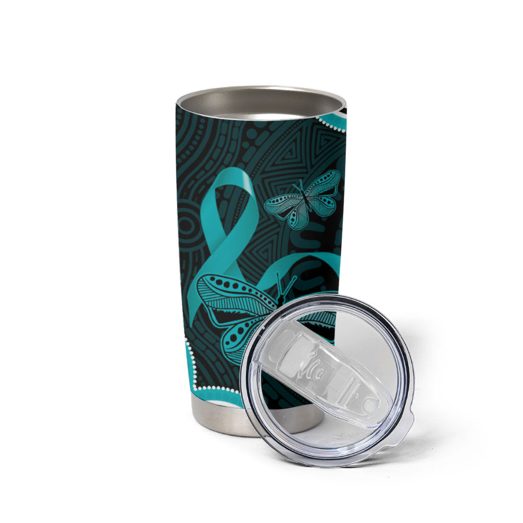 Cyan Ribbon PTSD Support Tumbler Cup Aboriginal Art