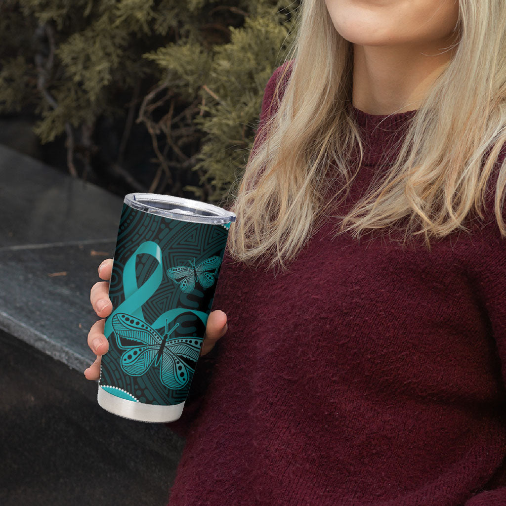 Cyan Ribbon PTSD Support Tumbler Cup Aboriginal Art