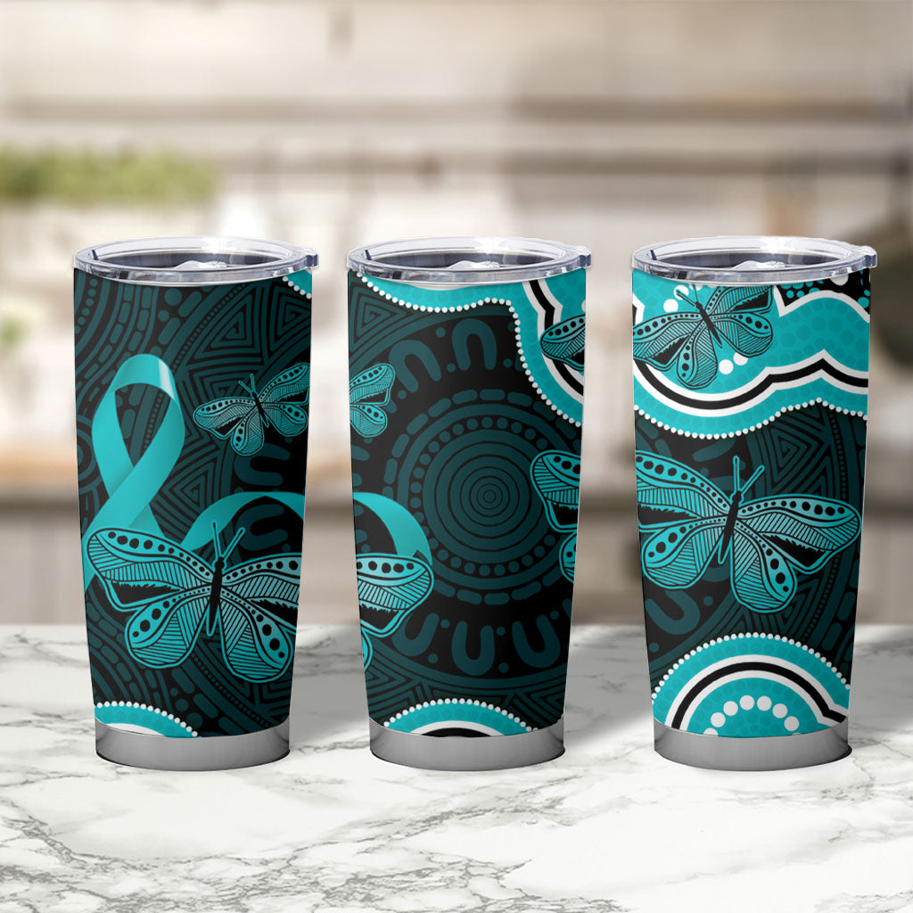 Cyan Ribbon PTSD Support Tumbler Cup Aboriginal Art
