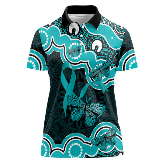 Cyan Ribbon PTSD Support Women Polo Shirt Aboriginal Art