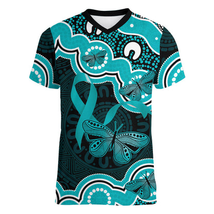 Cyan Ribbon PTSD Support Women V-Neck T-Shirt Aboriginal Art