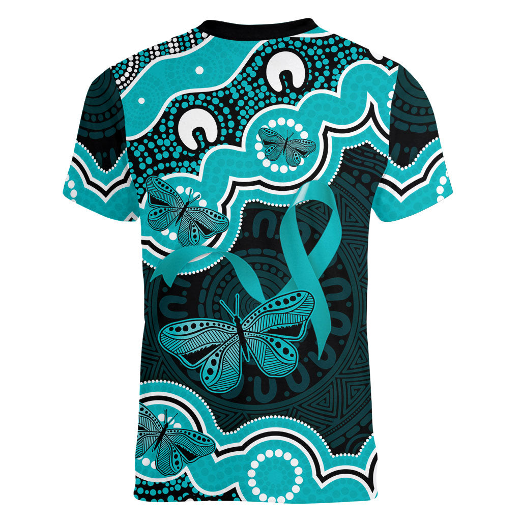Cyan Ribbon PTSD Support Women V-Neck T-Shirt Aboriginal Art