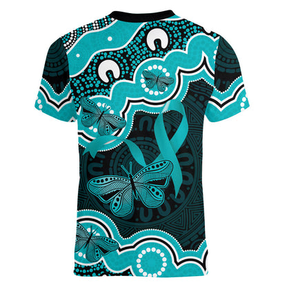 Cyan Ribbon PTSD Support Women V-Neck T-Shirt Aboriginal Art