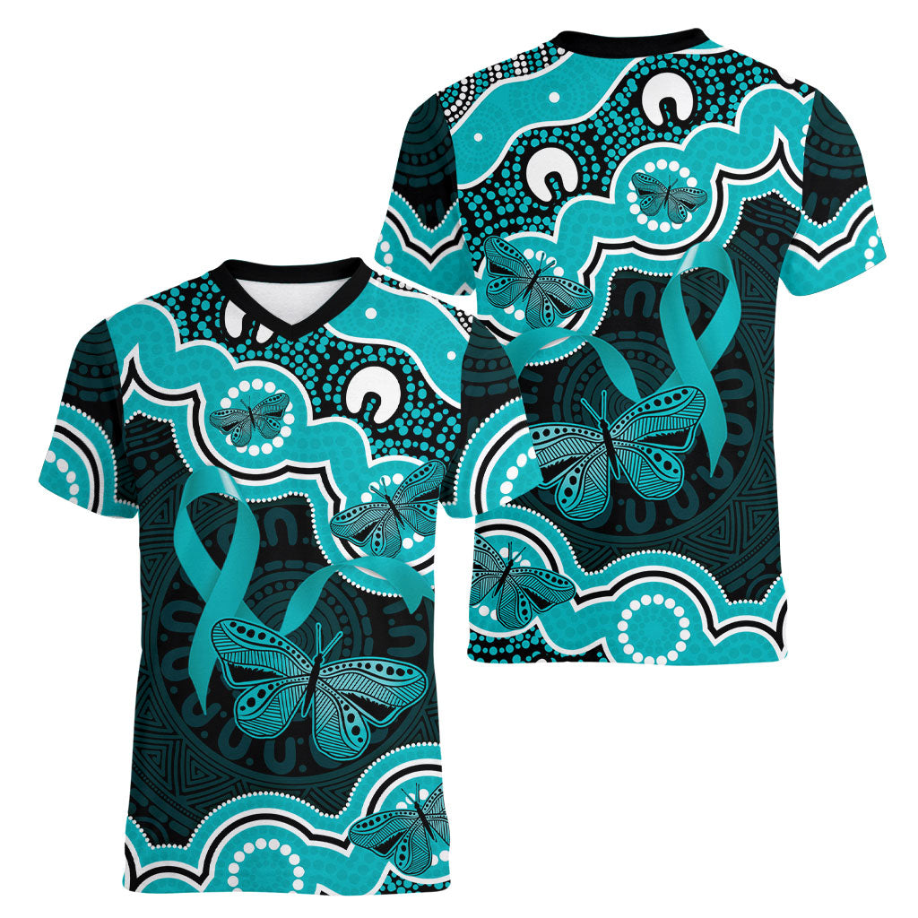 Cyan Ribbon PTSD Support Women V-Neck T-Shirt Aboriginal Art