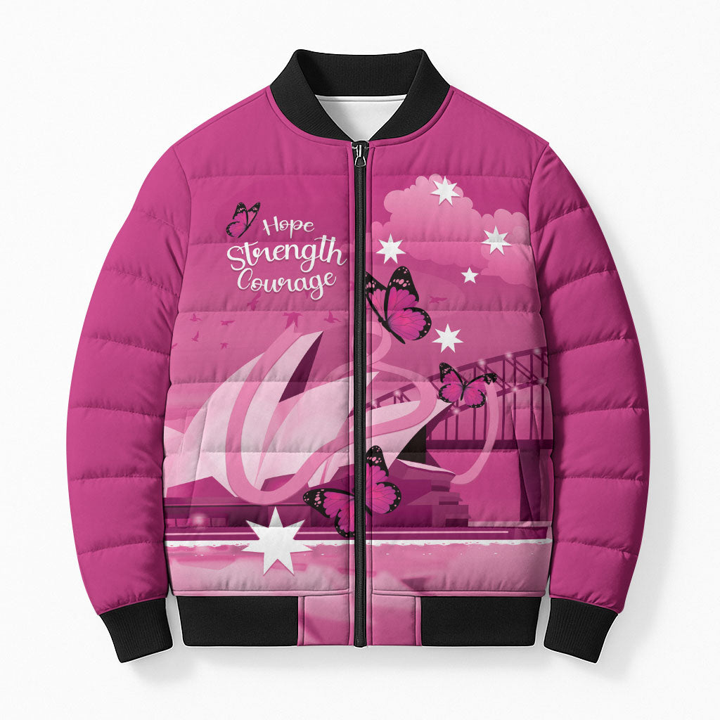 Personalised Australia Breast Cancer Support Bomber Puffer Jacket Sydney Opera House Butterfly Pink Ribbon