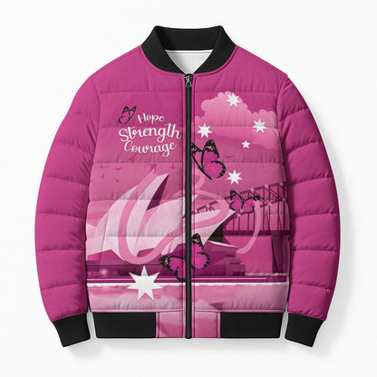 Personalised Australia Breast Cancer Support Bomber Puffer Jacket Sydney Opera House Butterfly Pink Ribbon