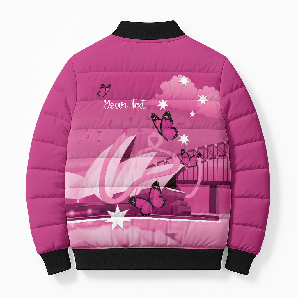 Personalised Australia Breast Cancer Support Bomber Puffer Jacket Sydney Opera House Butterfly Pink Ribbon