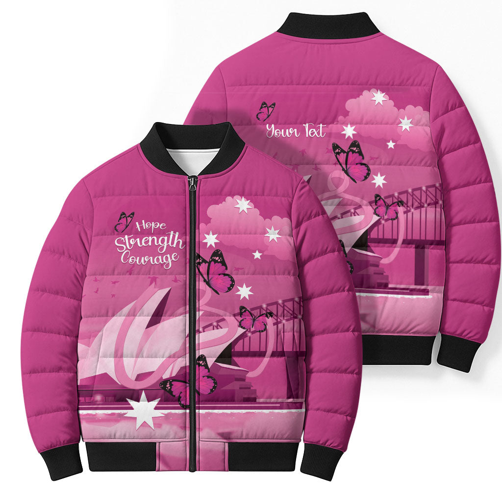 Personalised Australia Breast Cancer Support Bomber Puffer Jacket Sydney Opera House Butterfly Pink Ribbon