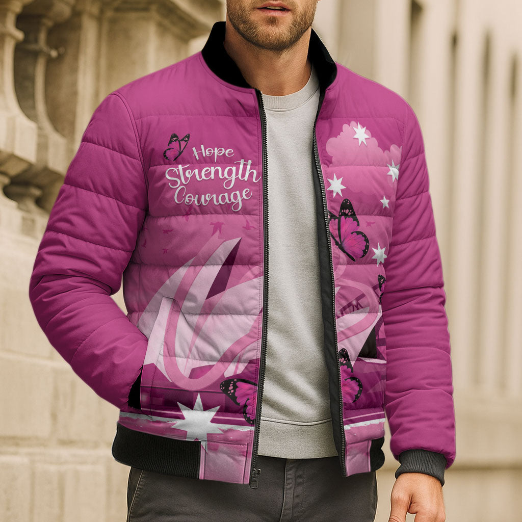 Personalised Australia Breast Cancer Support Bomber Puffer Jacket Sydney Opera House Butterfly Pink Ribbon