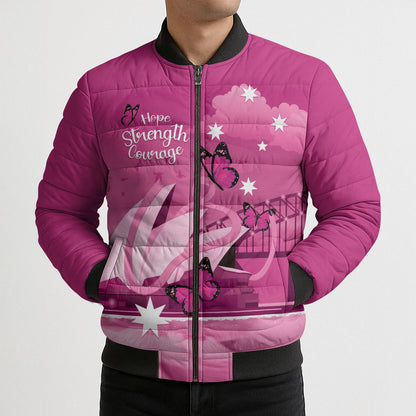 Personalised Australia Breast Cancer Support Bomber Puffer Jacket Sydney Opera House Butterfly Pink Ribbon