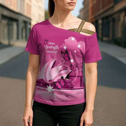 Personalised Australia Breast Cancer Support Cross Shoulder Shirt Sydney Opera House Butterfly Pink Ribbon