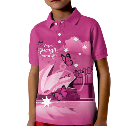 Personalised Australia Breast Cancer Support Kid Polo Shirt Sydney Opera House Butterfly Pink Ribbon