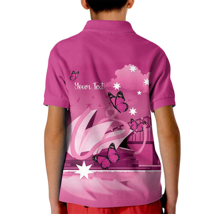 Personalised Australia Breast Cancer Support Kid Polo Shirt Sydney Opera House Butterfly Pink Ribbon