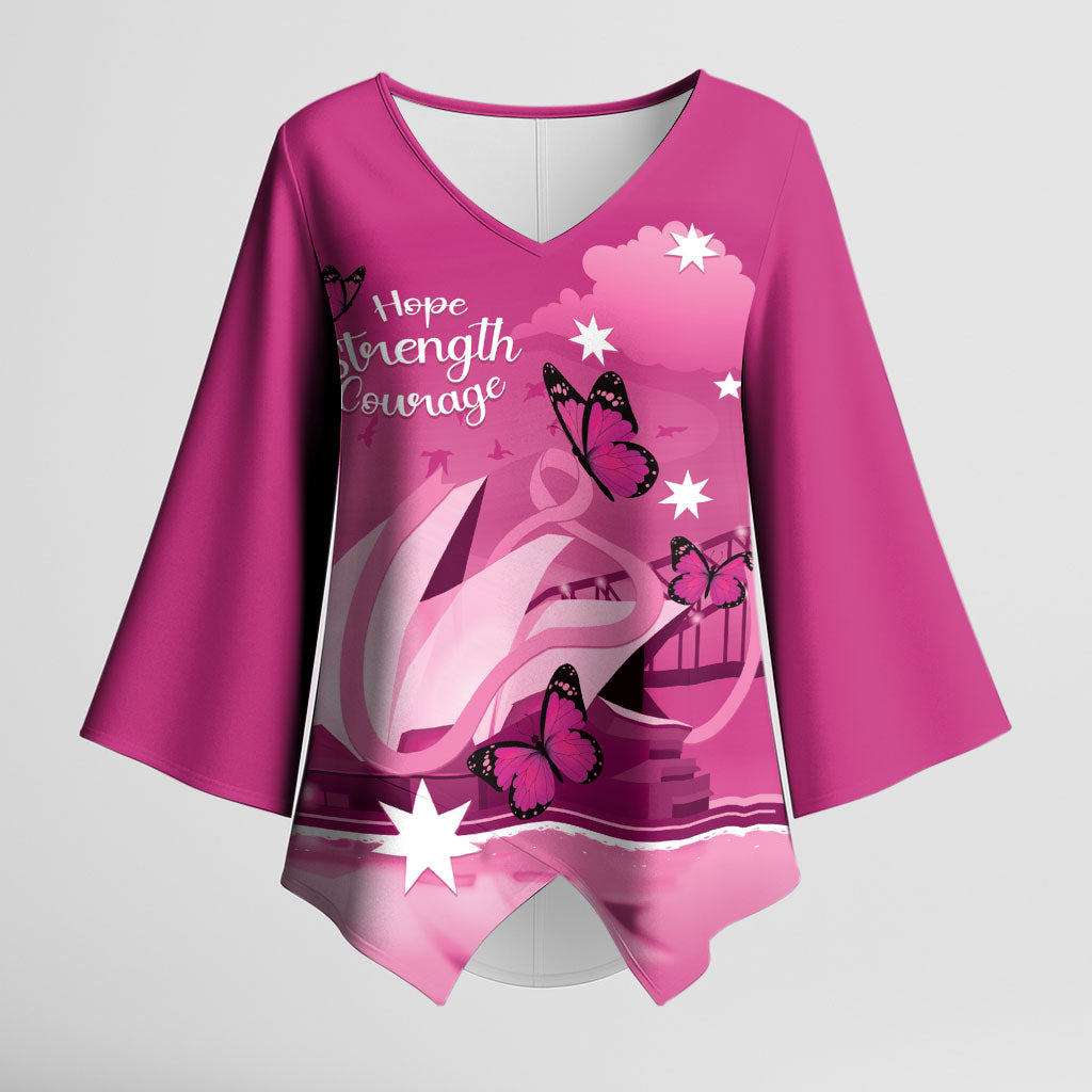 Personalised Australia Breast Cancer Support Kimono Sleeve Blouse Sydney Opera House Butterfly Pink Ribbon