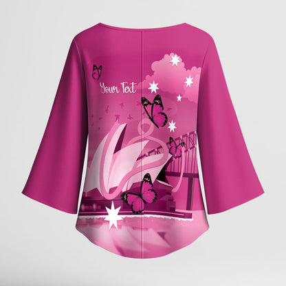 Personalised Australia Breast Cancer Support Kimono Sleeve Blouse Sydney Opera House Butterfly Pink Ribbon