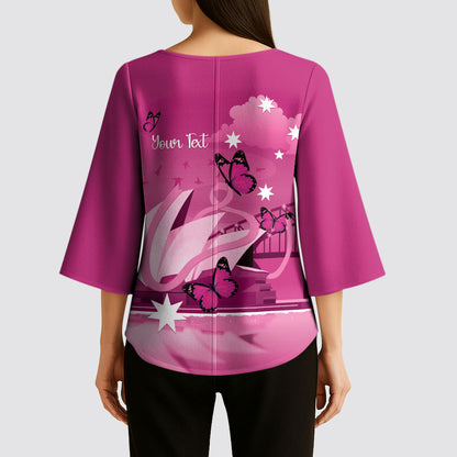 Personalised Australia Breast Cancer Support Kimono Sleeve Blouse Sydney Opera House Butterfly Pink Ribbon