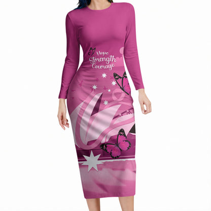 Personalised Australia Breast Cancer Support Long Sleeve Bodycon Dress Sydney Opera House Butterfly Pink Ribbon