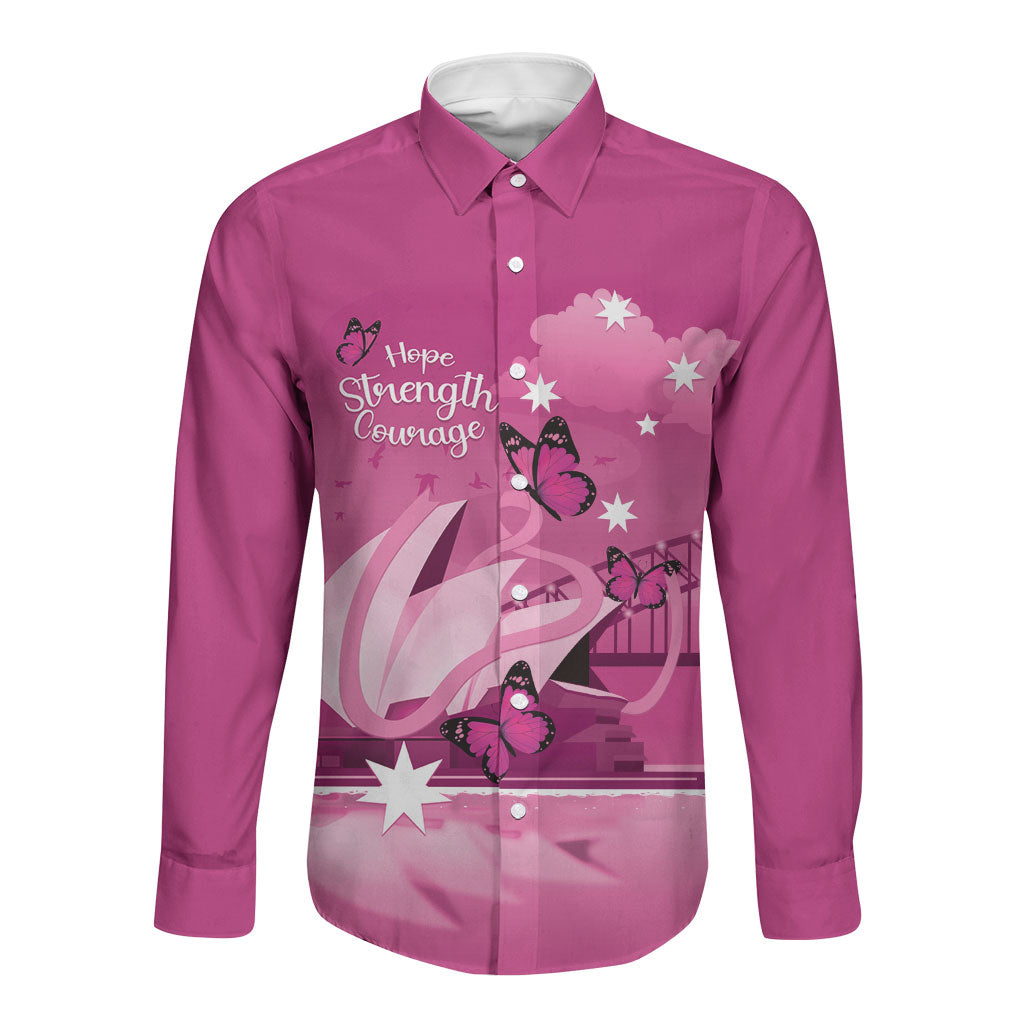 Personalised Australia Breast Cancer Support Long Sleeve Button Shirt Sydney Opera House Butterfly Pink Ribbon