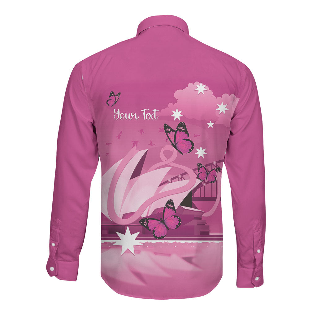 Personalised Australia Breast Cancer Support Long Sleeve Button Shirt Sydney Opera House Butterfly Pink Ribbon