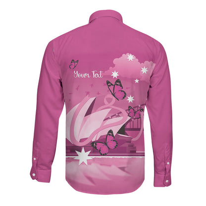 Personalised Australia Breast Cancer Support Long Sleeve Button Shirt Sydney Opera House Butterfly Pink Ribbon