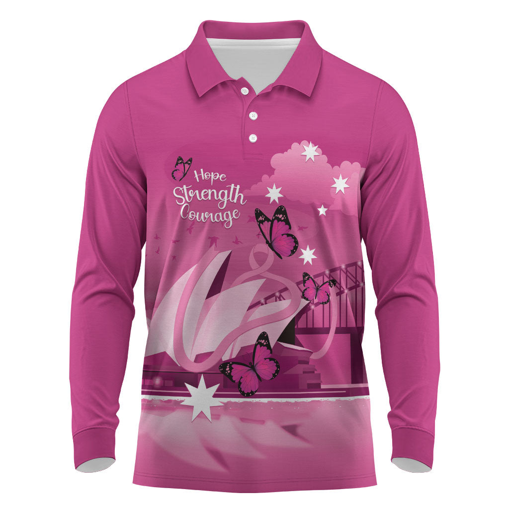 Personalised Australia Breast Cancer Support Long Sleeve Polo Shirt Sydney Opera House Butterfly Pink Ribbon
