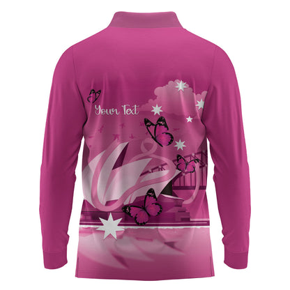 Personalised Australia Breast Cancer Support Long Sleeve Polo Shirt Sydney Opera House Butterfly Pink Ribbon