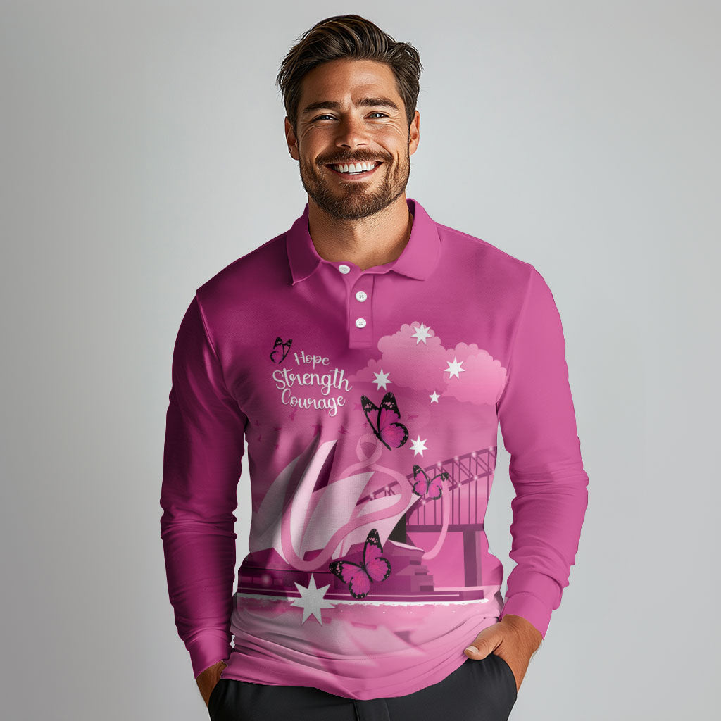 Personalised Australia Breast Cancer Support Long Sleeve Polo Shirt Sydney Opera House Butterfly Pink Ribbon