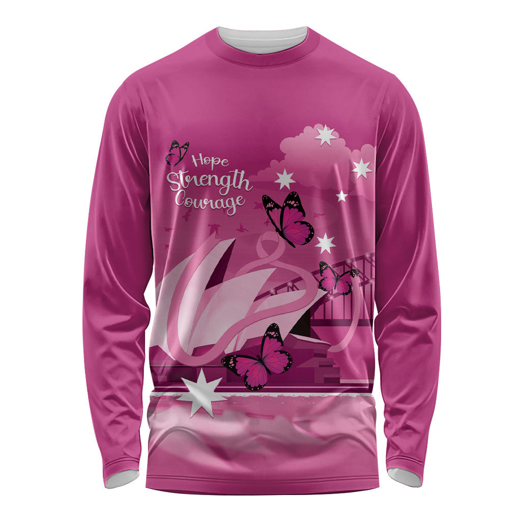 Personalised Australia Breast Cancer Support Long Sleeve Shirt Sydney Opera House Butterfly Pink Ribbon
