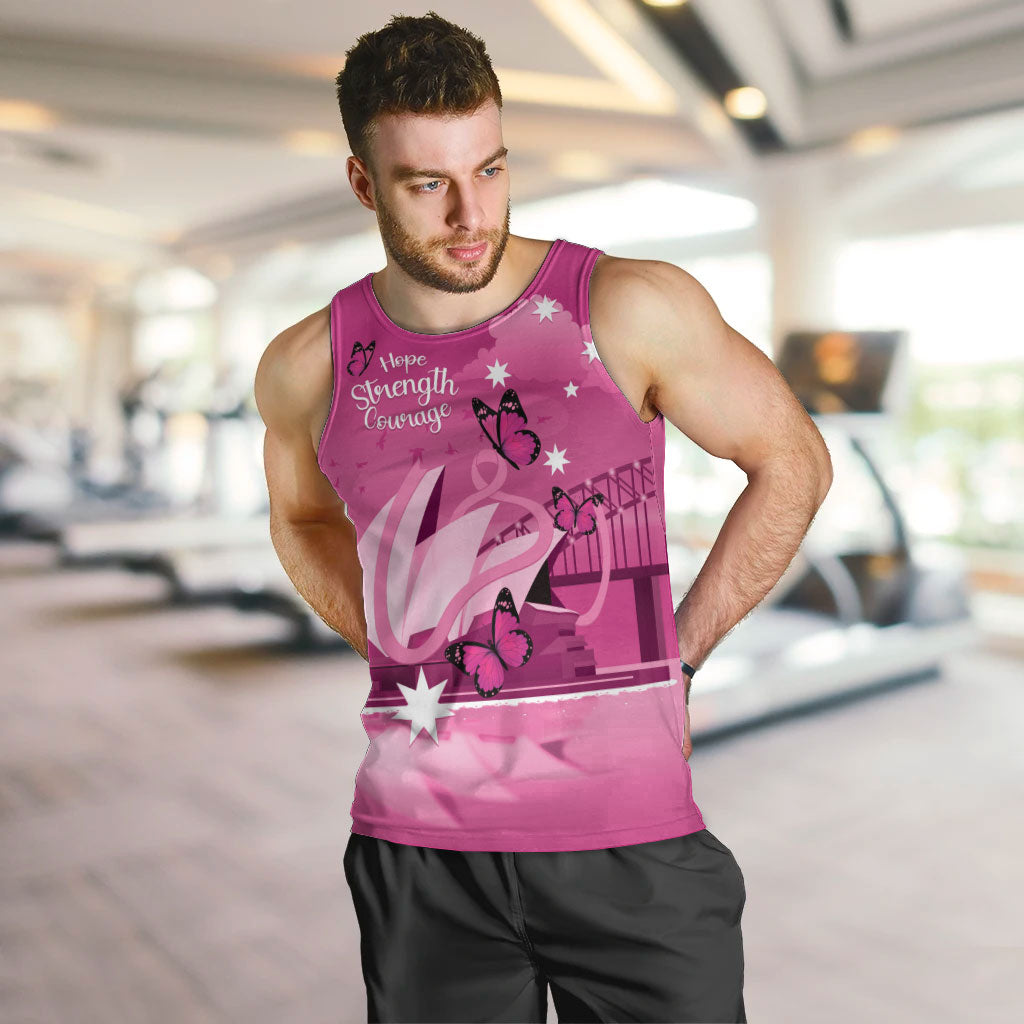 Personalised Australia Breast Cancer Support Men Tank Top Sydney Opera House Butterfly Pink Ribbon