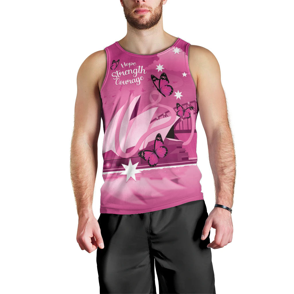 Personalised Australia Breast Cancer Support Men Tank Top Sydney Opera House Butterfly Pink Ribbon